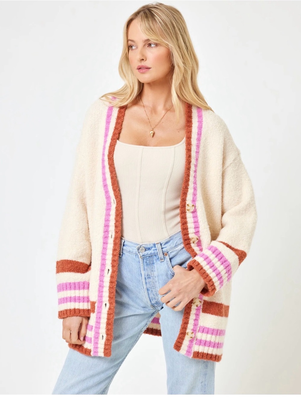 l*space Ivory Bouclé Cardigan with Pink & Rust Stripes
